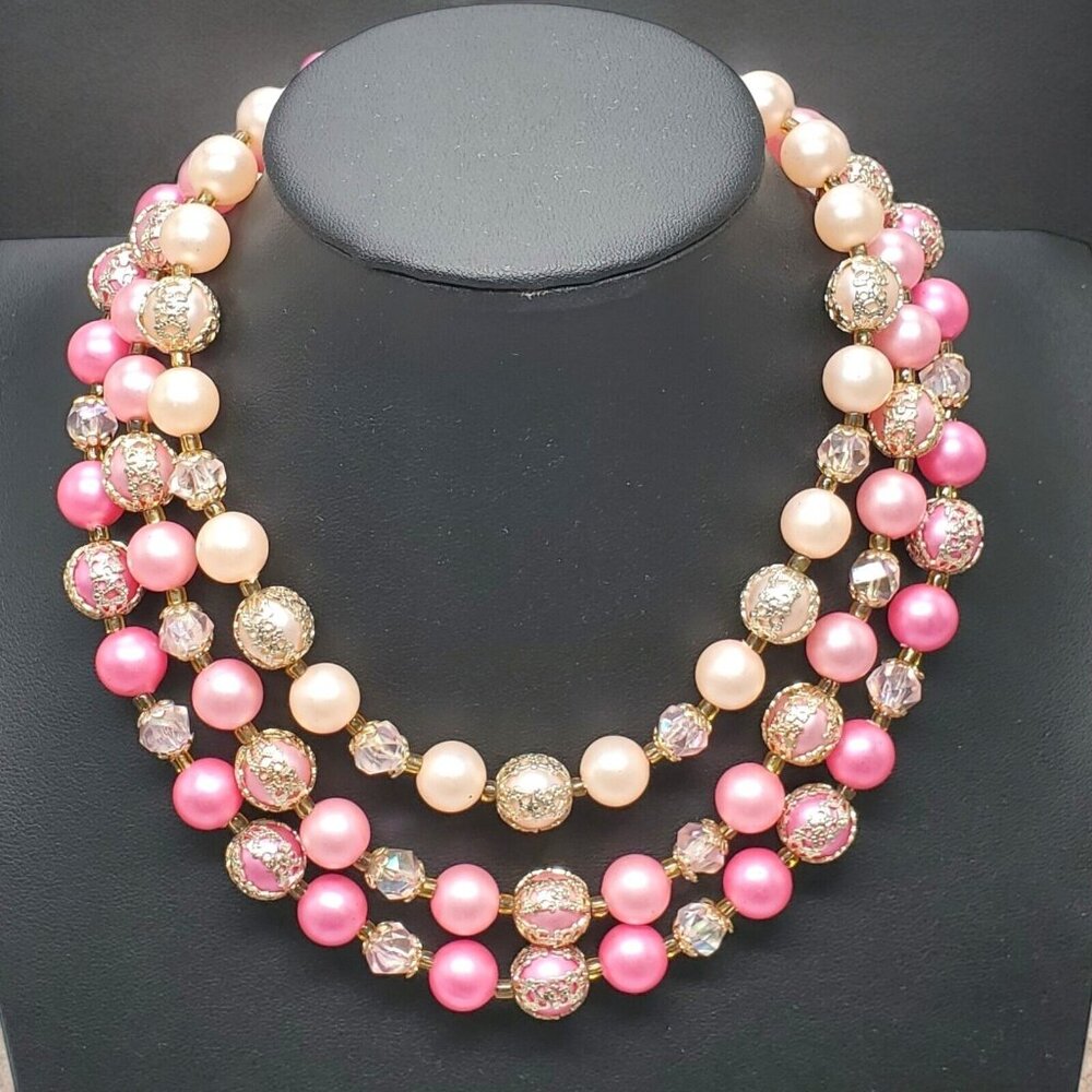 Vtg 3-Strand Faux Pearl Bead Necklace Gold Tone Filigree Pink Adjustable 14"+2.5